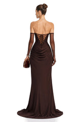 Vedette Brown Ruched Corset Maxi Dress Without Gloves