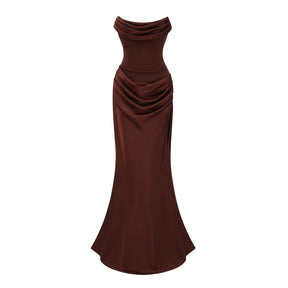 Vedette Brown Ruched Corset Maxi Dress Without Gloves