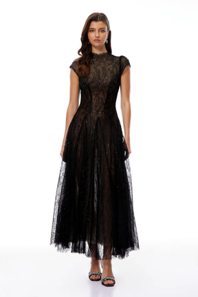 Velia Black Lace Glitter Tulle Maxi Gown