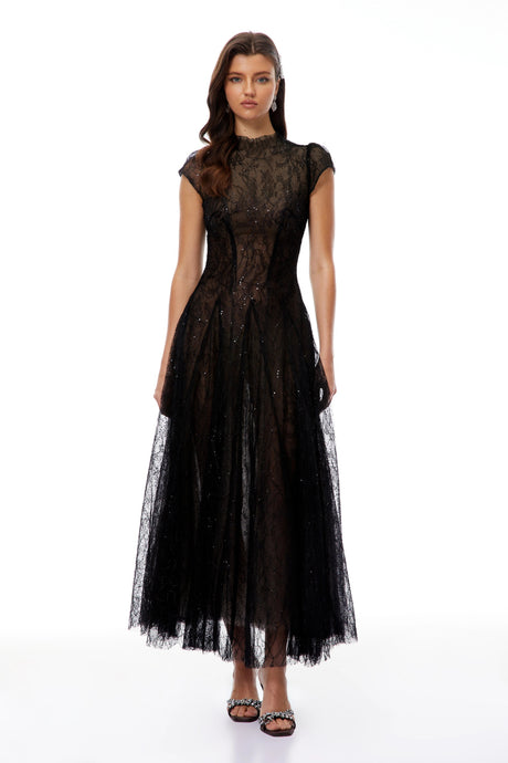 Nora Black Lace Glitter Tulle Maxi Gown