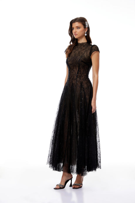 Nora Black Lace Glitter Tulle Maxi Gown