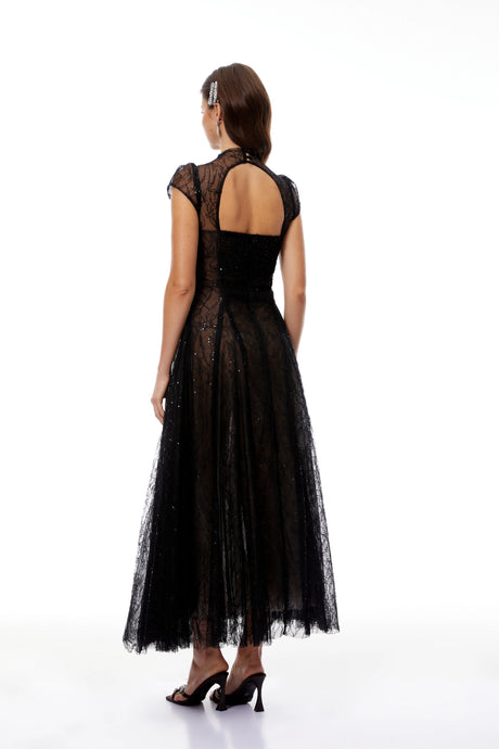 Nora Black Lace Glitter Tulle Maxi Gown