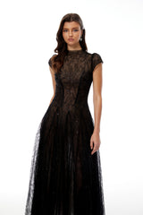 Velia Black Lace Glitter Tulle Maxi Gown