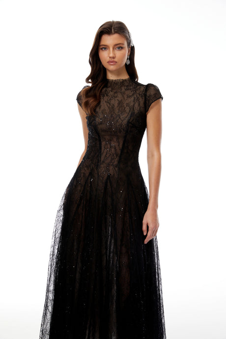 Nora Black Lace Glitter Tulle Maxi Gown