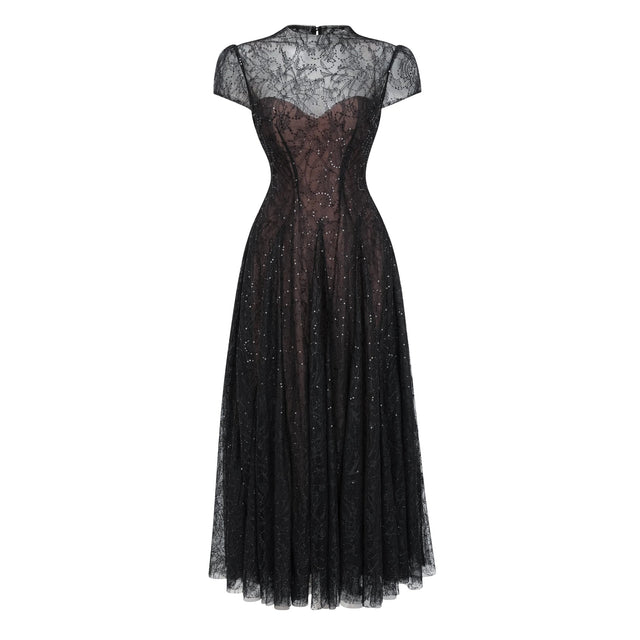 Velia Black Lace Glitter Tulle Maxi Gown