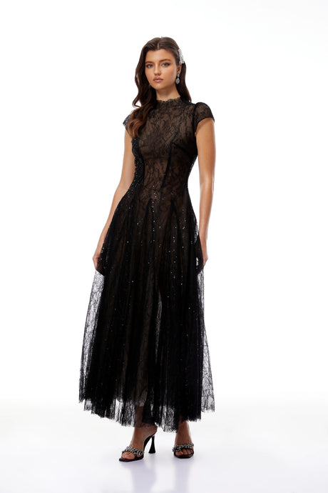 Nora Black Lace Glitter Tulle Maxi Gown