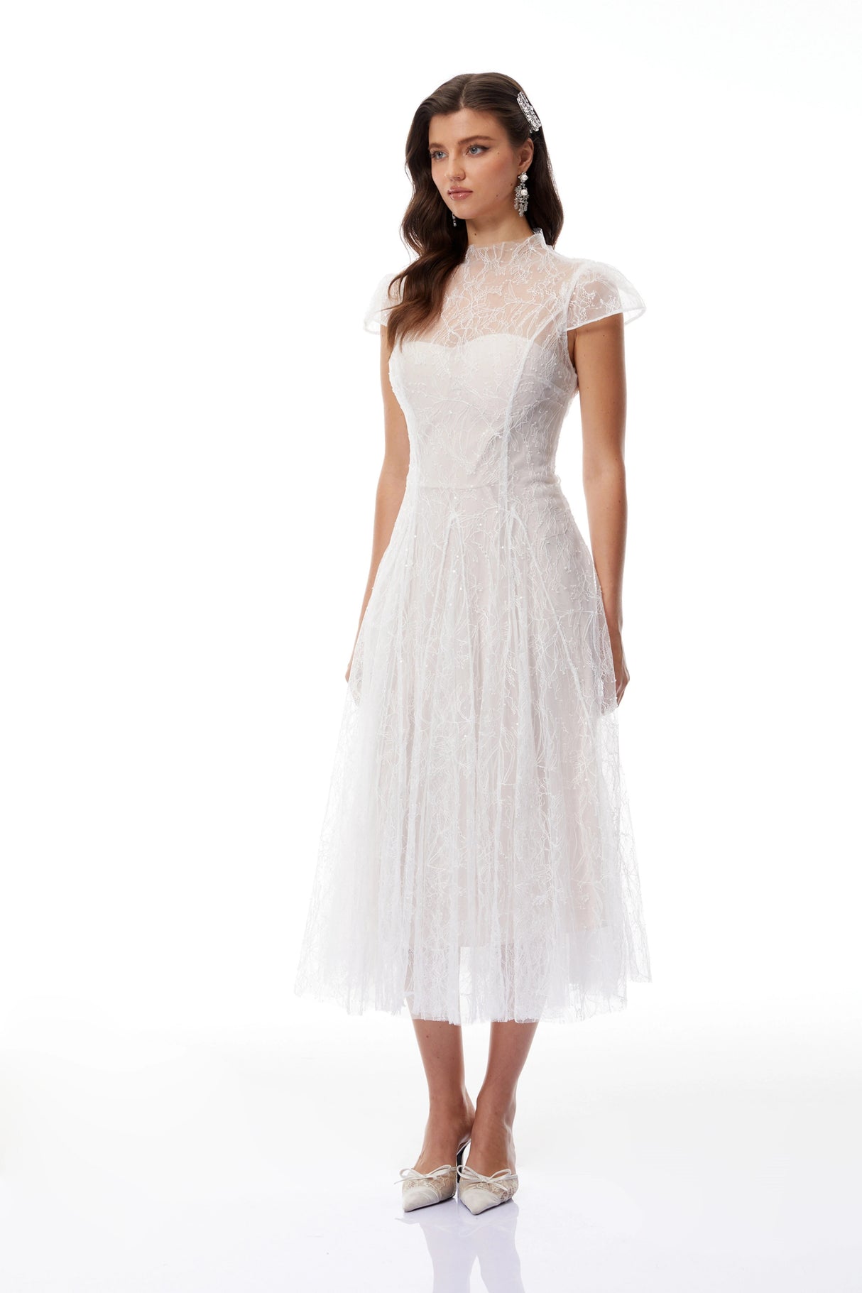 Velia White Lace Glitter Tulle Maxi Gown
