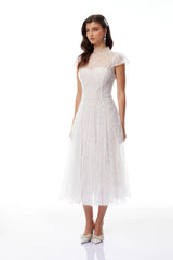 Velia White Lace Glitter Tulle Maxi Gown