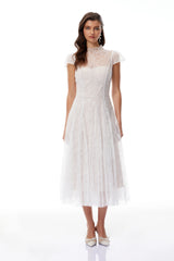 Velia White Lace Glitter Tulle Maxi Gown