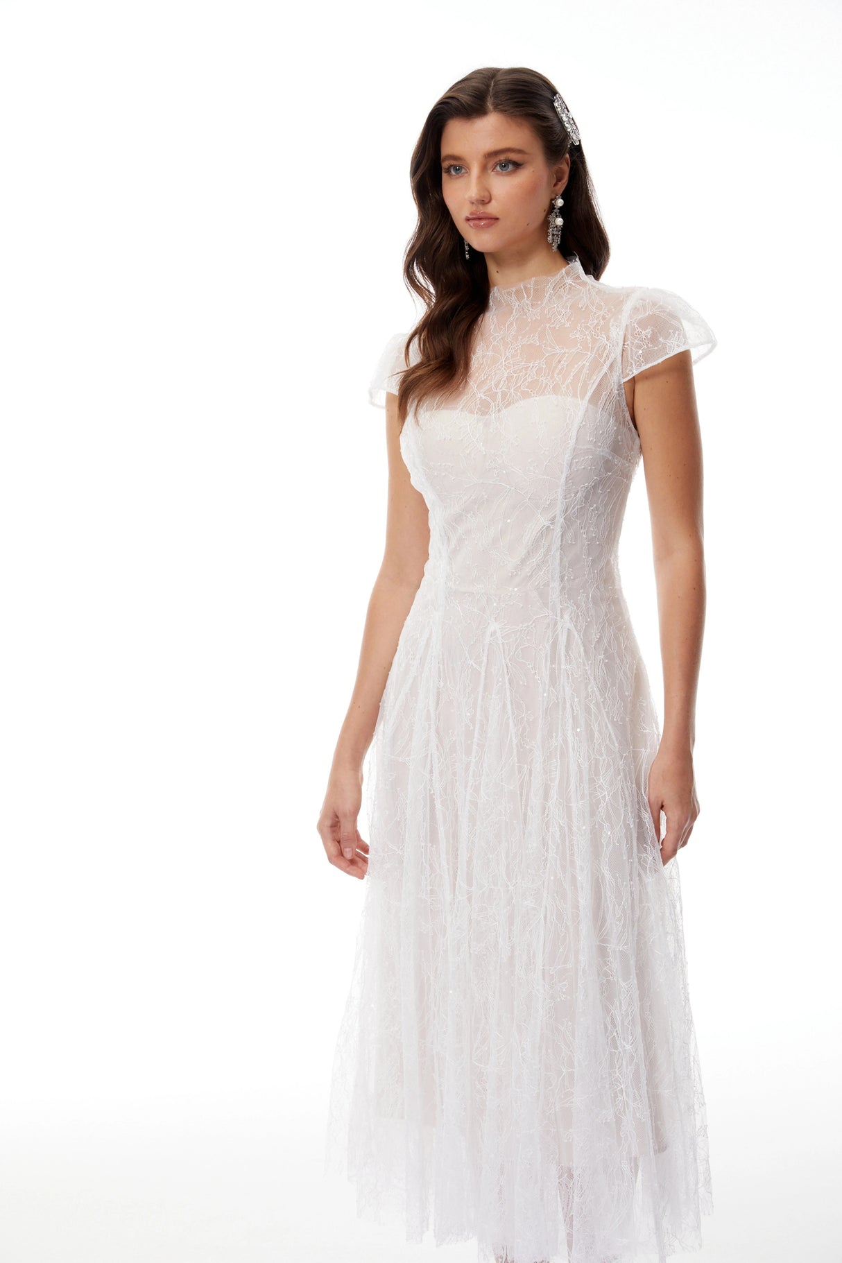Velia White Lace Glitter Tulle Maxi Gown