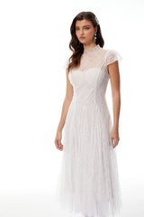 Velia White Lace Glitter Tulle Maxi Gown