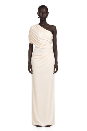 Vellamo Ivory One Shoulder Ruched Bodycon Maxi Dress