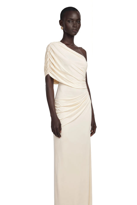 Lesly Maxi Dress Ivory One Shoulder Ruched Bodycon