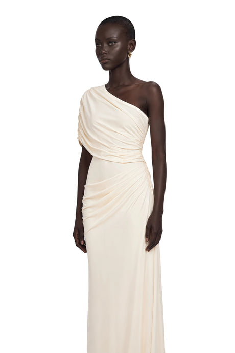 Lesly Maxi Dress Ivory One Shoulder Ruched Bodycon