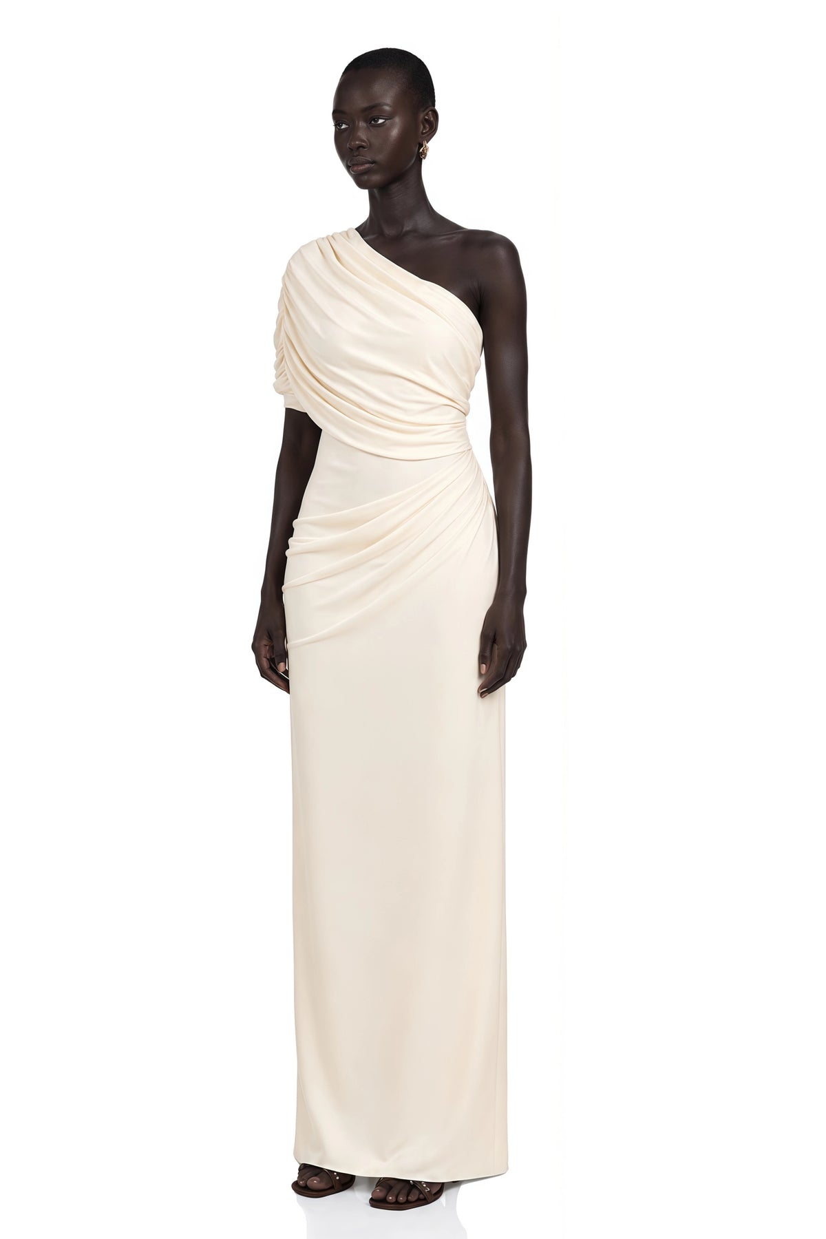Vellamo Ivory One Shoulder Ruched Bodycon Maxi Dress