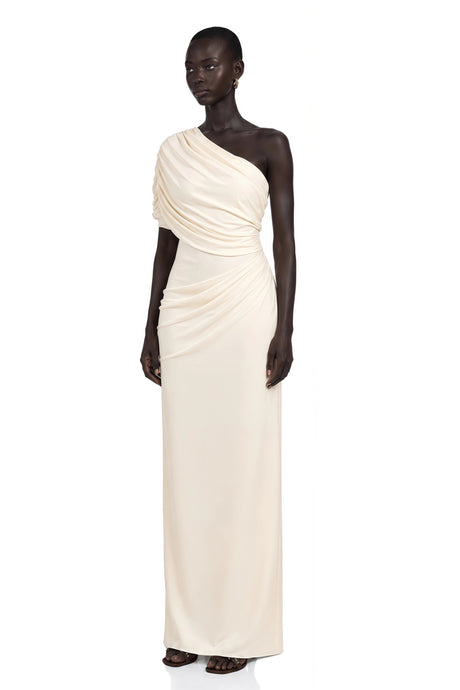 Lesly Maxi Dress Ivory One Shoulder Ruched Bodycon
