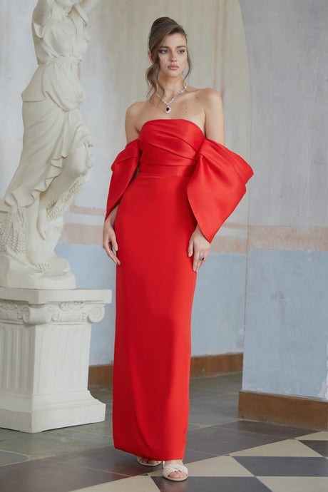 Carla Red Off Shoulder Gathered Maxi Gown