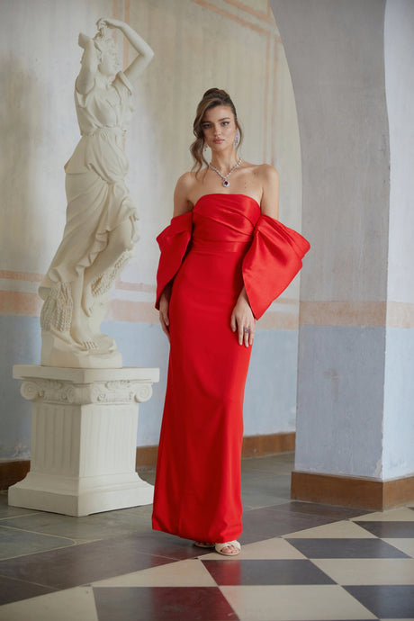 Carla Red Off Shoulder Gathered Maxi Gown