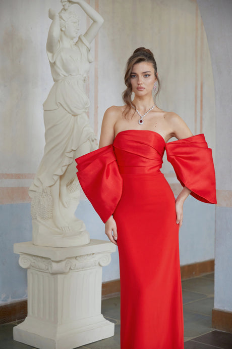 Carla Red Off Shoulder Gathered Maxi Gown