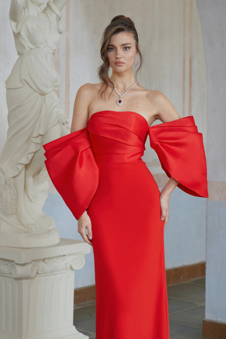 Carla Red Off Shoulder Gathered Maxi Gown