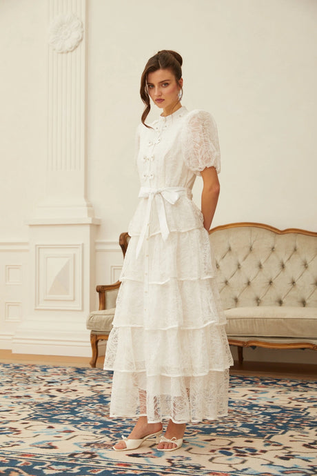 Daniela Maxi Dress White Floral Lace Tiered