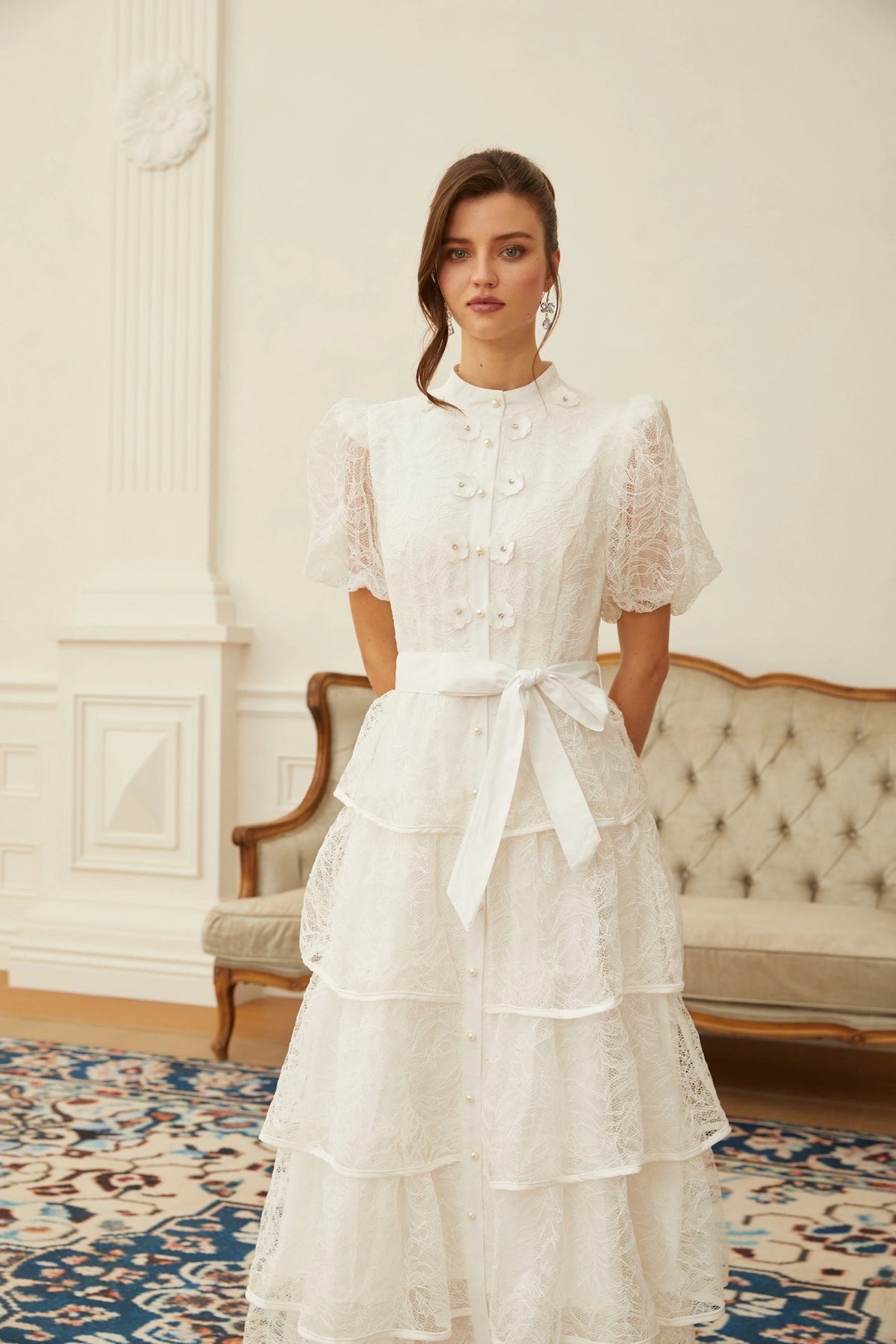 Verity White Floral Lace Tiered Maxi Dress