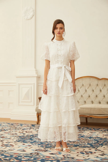 Daniela Maxi Dress White Floral Lace Tiered