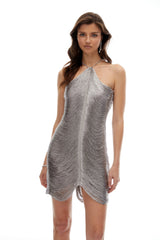 Veronica Silver Halterneck Fringed Mini Dress