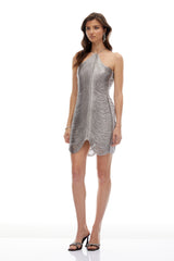 Veronica Silver Halterneck Fringed Mini Dress