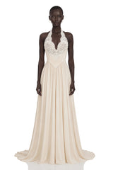 Veronique Champagne VNeck Maxi Dress with Train