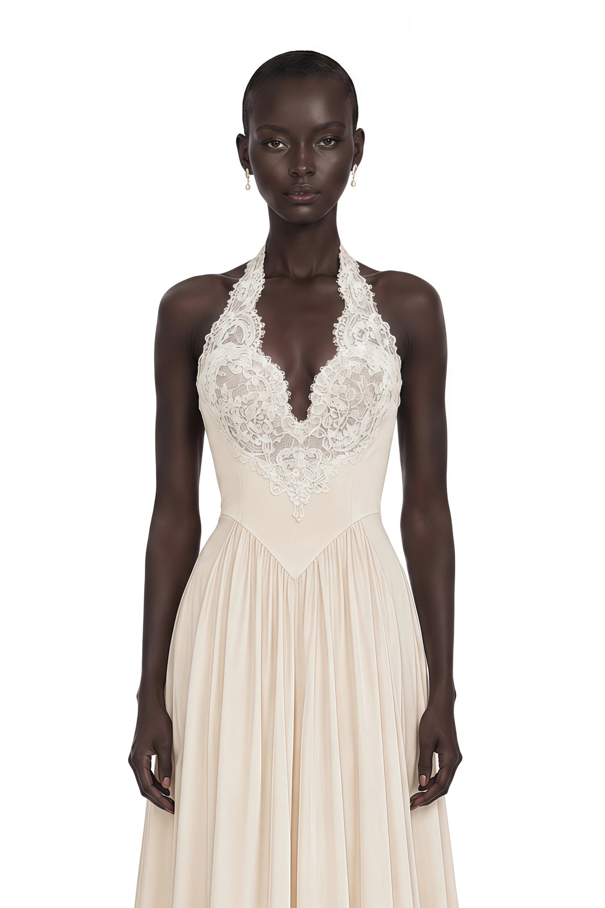 Veronique Champagne VNeck Maxi Dress with Train
