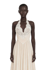 Veronique Champagne VNeck Maxi Dress with Train
