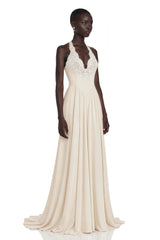 Veronique Champagne VNeck Maxi Dress with Train