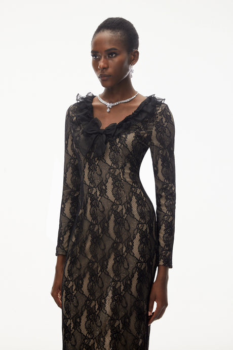 Myla Midi Dress Black Ruffled Lace