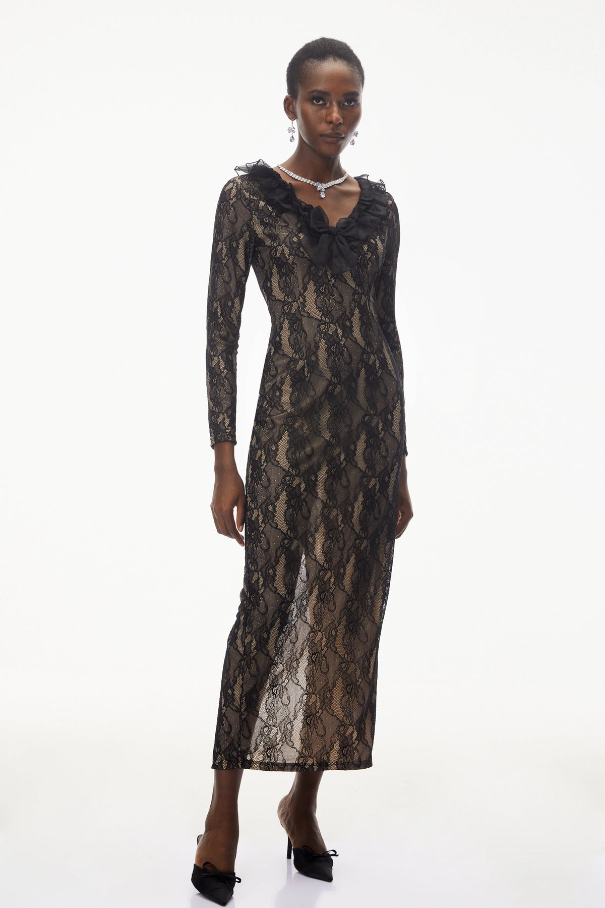 Vesna Black Ruffled Lace Midi Dress