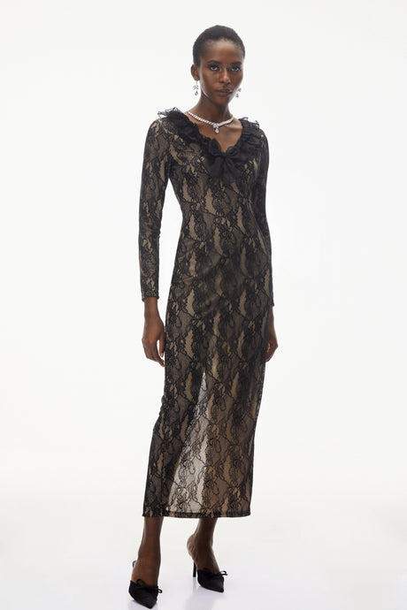 Myla Midi Dress Black Ruffled Lace