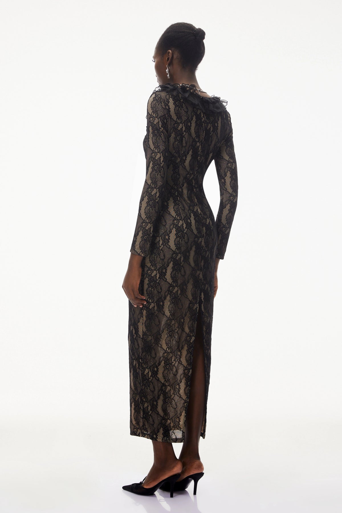 Vesna Black Ruffled Lace Midi Dress