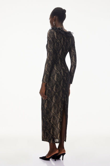 Myla Midi Dress Black Ruffled Lace