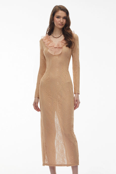 Teresina Midi Dress Neutral Ruffled Lace