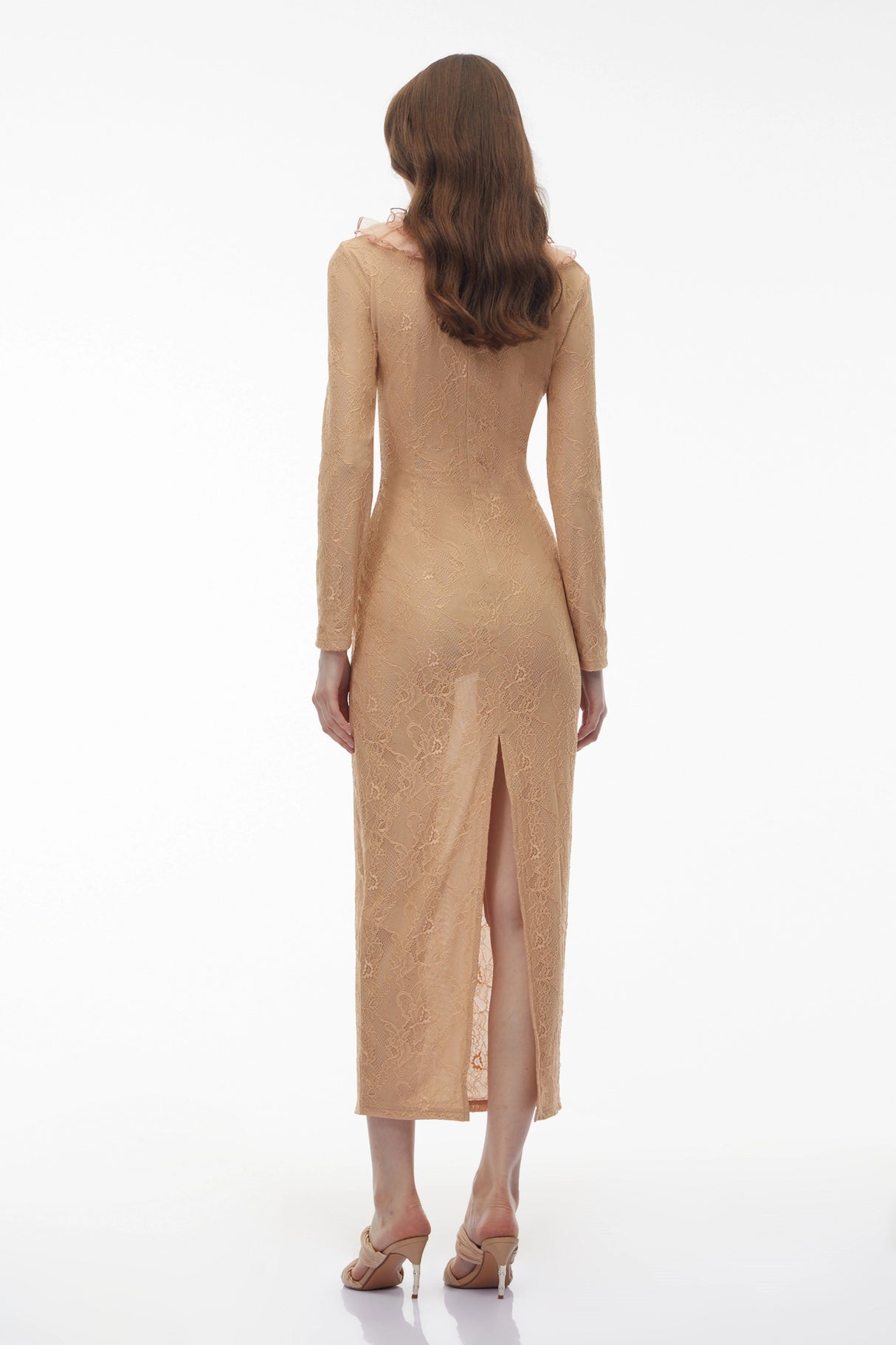 Vesna Neutral Ruffled Lace Midi Dress