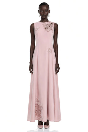 Vesper Pink Sleeveless Maxi Dress with Floral Lace Panels
