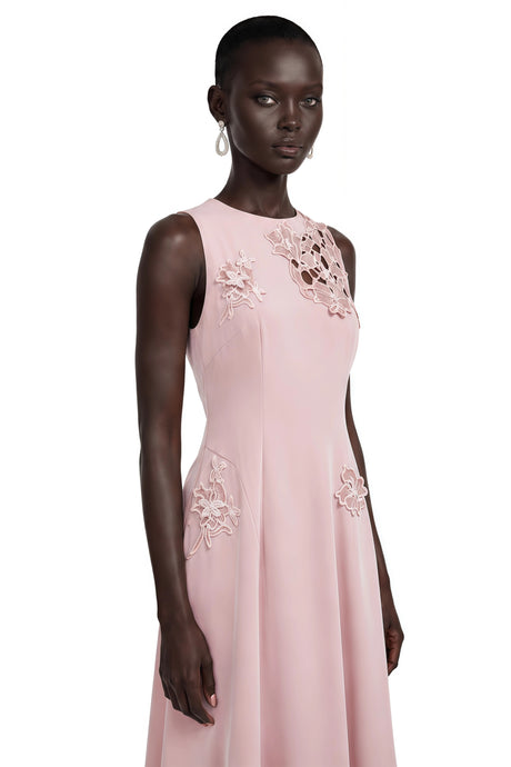 Biancamaria Maxi Dress Pink Sleeveless with Floral Lace Panels