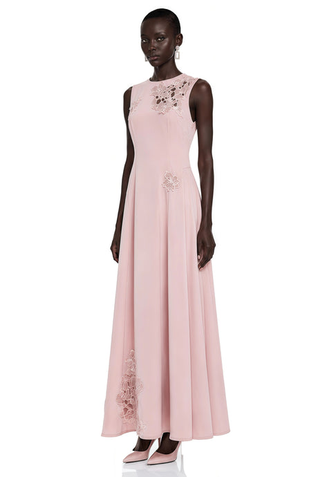 Biancamaria Maxi Dress Pink Sleeveless with Floral Lace Panels