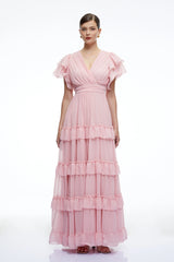 Vespera Pink VNeck Tiered Maxi Dress with Flutter Sleeves