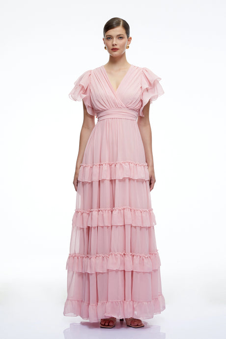 Savannah Maxi Dress Pink V-Neck Tiered with Flutter Sleeves