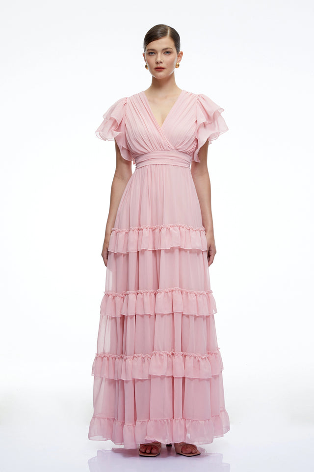 Vespera Pink VNeck Tiered Maxi Dress with Flutter Sleeves
