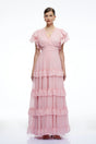 Vespera Pink VNeck Tiered Maxi Dress with Flutter Sleeves