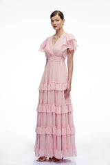 Vespera Pink VNeck Tiered Maxi Dress with Flutter Sleeves