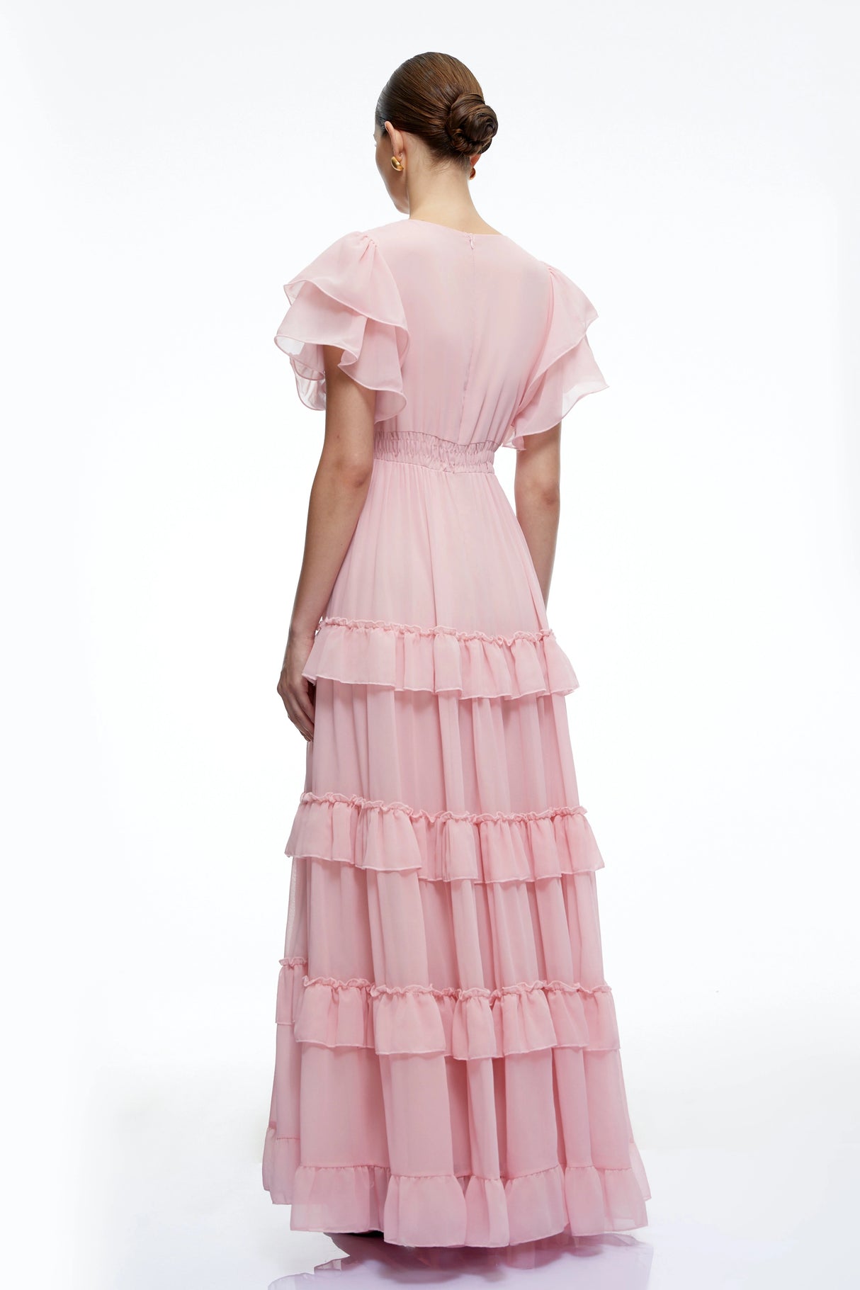 Vespera Pink VNeck Tiered Maxi Dress with Flutter Sleeves