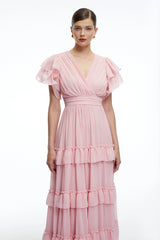 Vespera Pink VNeck Tiered Maxi Dress with Flutter Sleeves